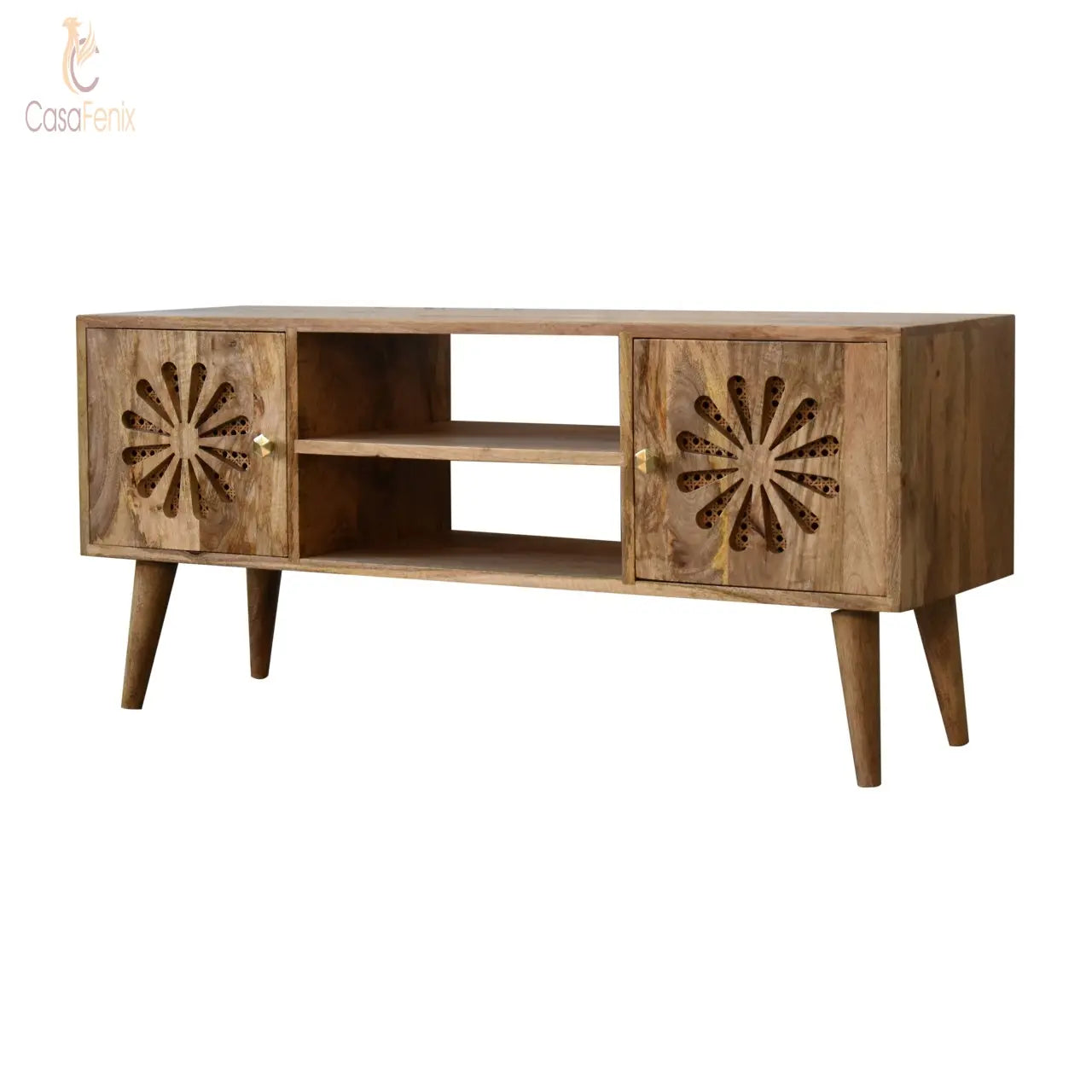 Rosalie Media Unit Solid Mango Wood & Rattan Wide TV Stand - CasaFenix