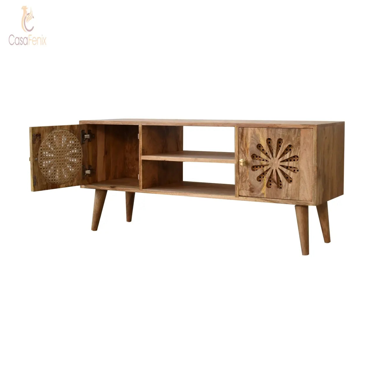 Rosalie Media Unit Solid Mango Wood & Rattan Wide TV Stand - CasaFenix