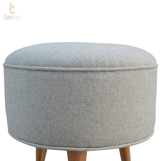 Round Grey Tweed Footstool - CasaFenix