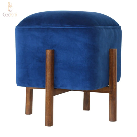 Royal Blue Velvet Footstool with Solid Wood Legs - CasaFenix