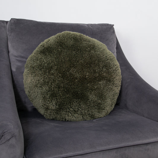 Khaki Green Short Pile Sheepskin Cushion 40cm Diameter - CasaFenix