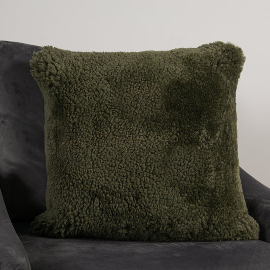 Khaki Green Short Pile Sheepskin Cushion 45 x 45cm - CasaFenix