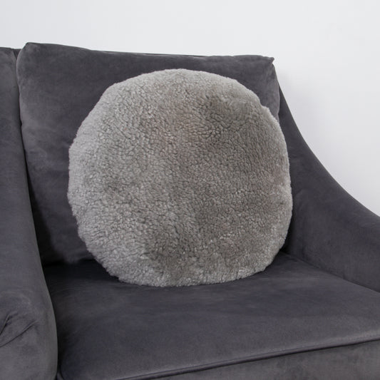 Grey Short Pile Sheepskin Cushion 40cm Round - CasaFenix