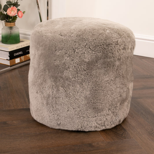 Grey Short Pile Sheepskin Pouf 40 x 35cm - CasaFenix