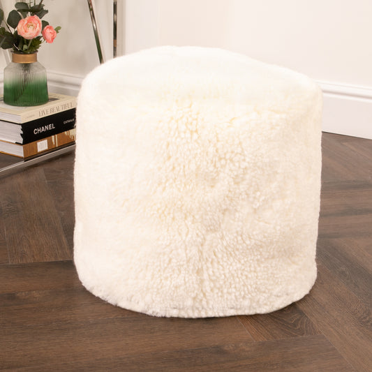 Ivory Short Pile Sheepskin Pouf Drum Shape 40x40x35cm - CasaFenix