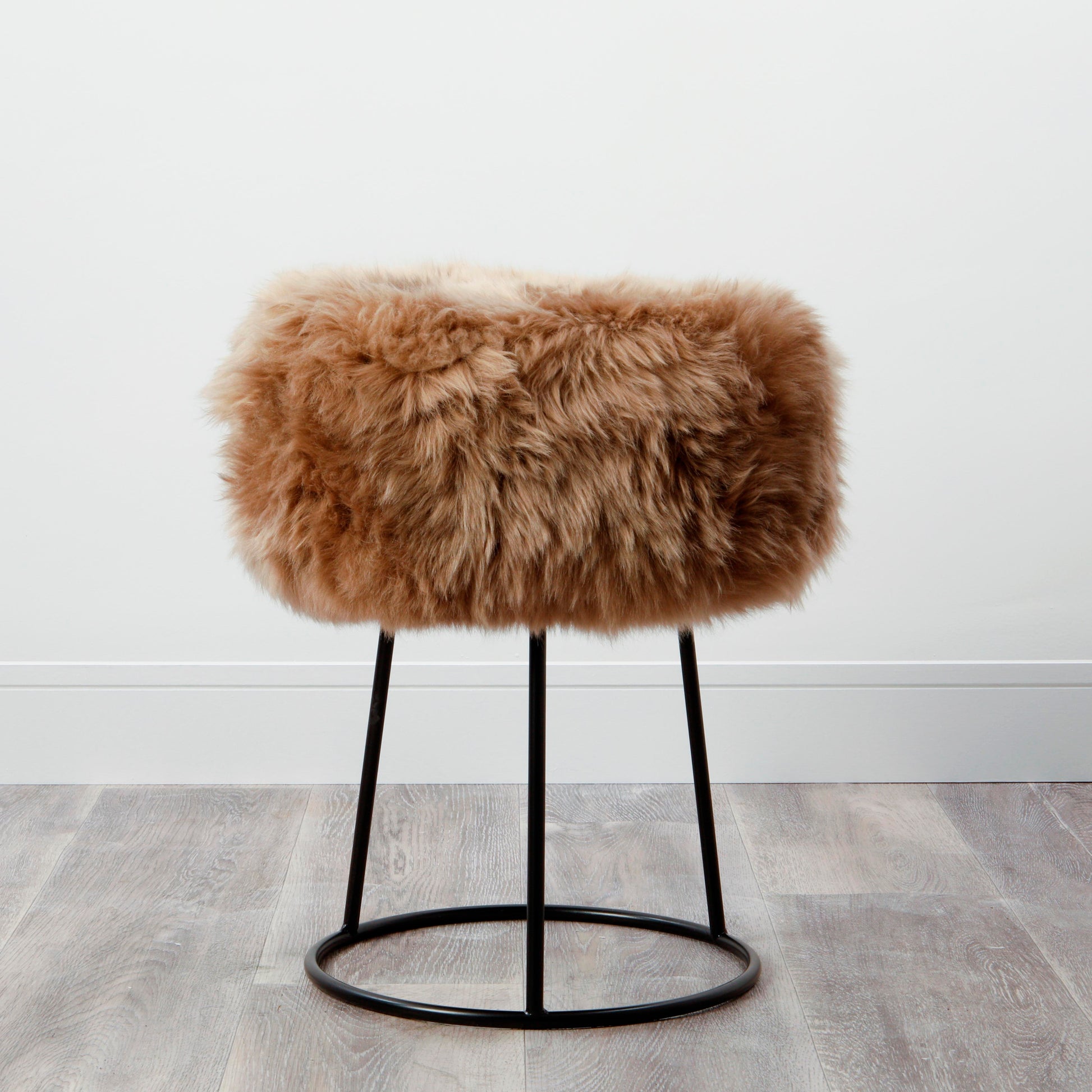 Light Brown Genuine Sheepskin Metal Stool - CasaFenix