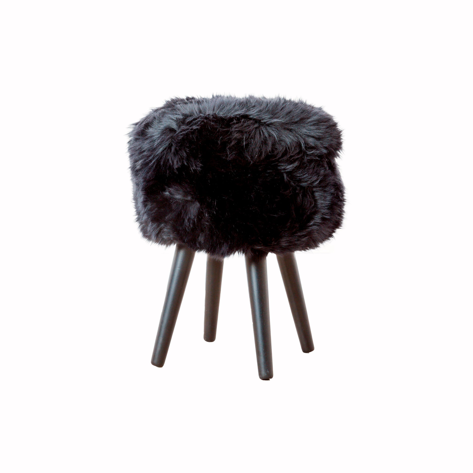 Black Genuine Sheepskin Wood Stool - Black Legs - CasaFenix