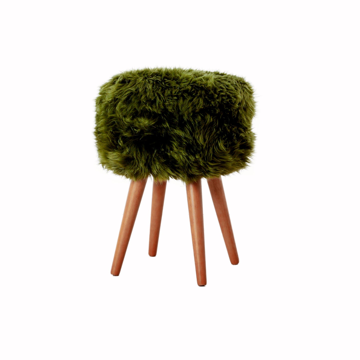 Olive Green Genuine Sheepskin Wood Leg Stool - Woodstain - CasaFenix