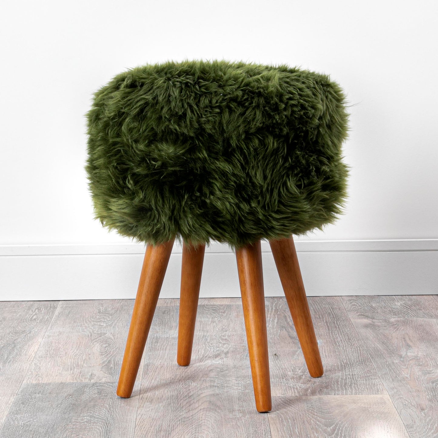 Light Brown Genuine Sheepskin Wood Leg Stool - Woodstain - CasaFenix