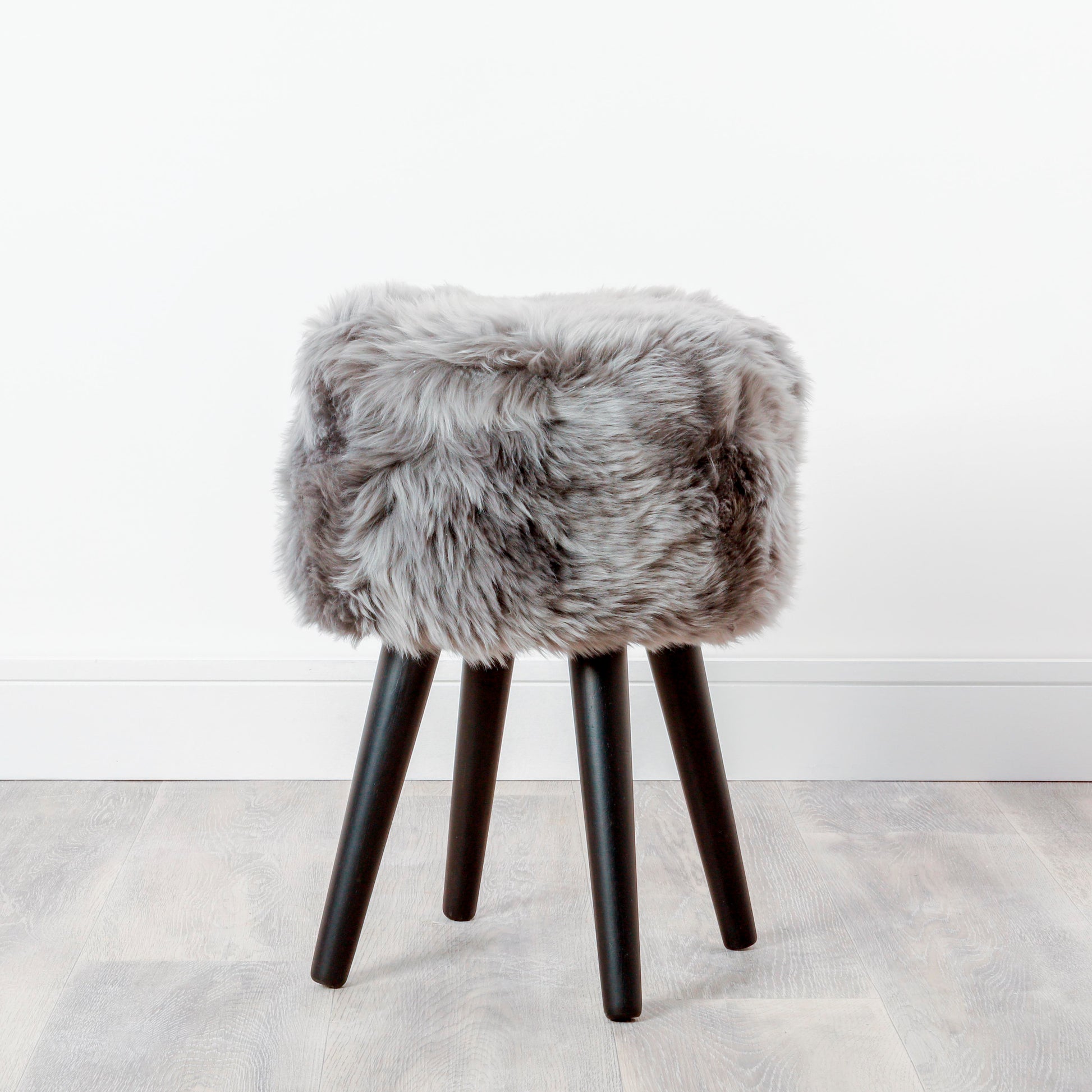 Genuine Grey Sheepskin Black Wooden Leg Stool - CasaFenix