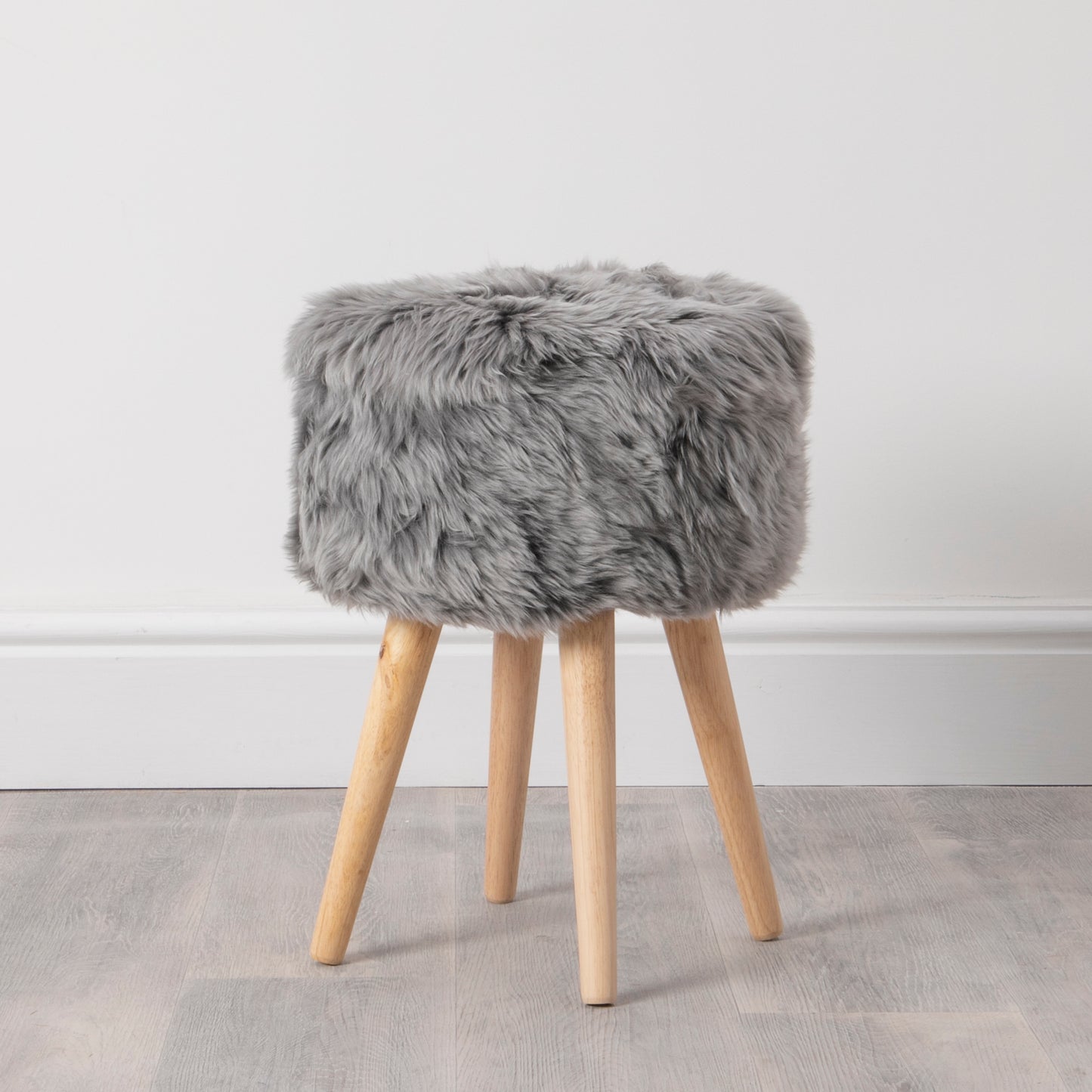 Grey Genuine Sheepskin Wood Stool - Light Wood Legs - CasaFenix