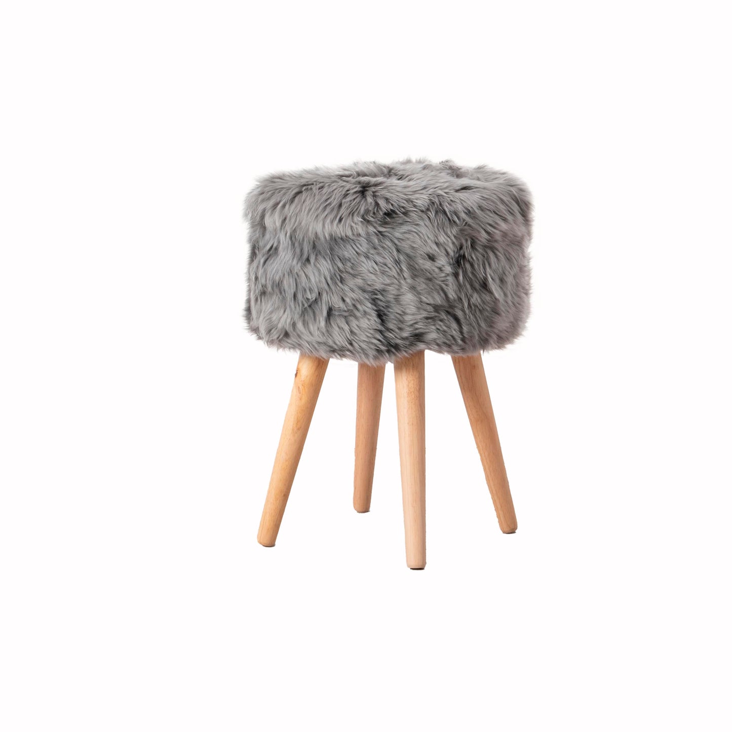 Grey Genuine Sheepskin Wood Stool - Light Wood Legs - CasaFenix