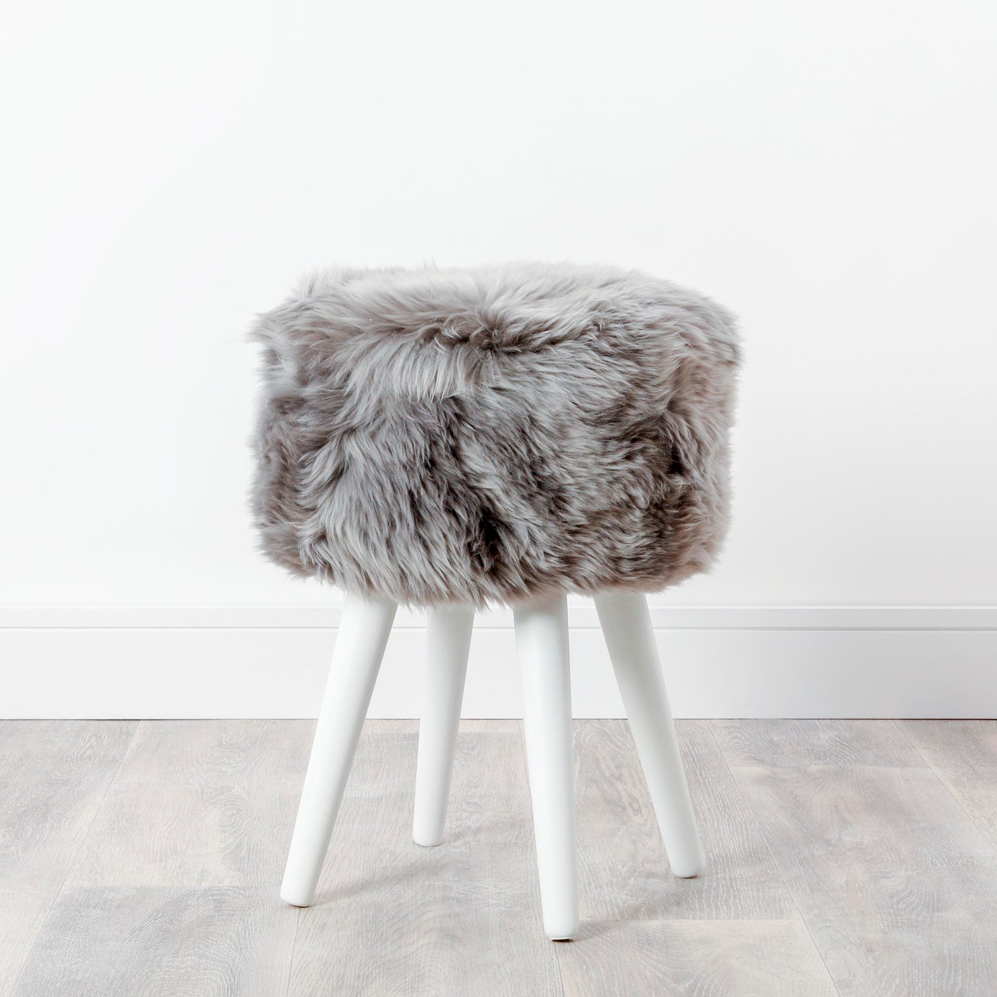 Grey Genuine Sheepskin Wood Stool - White Legs - CasaFenix
