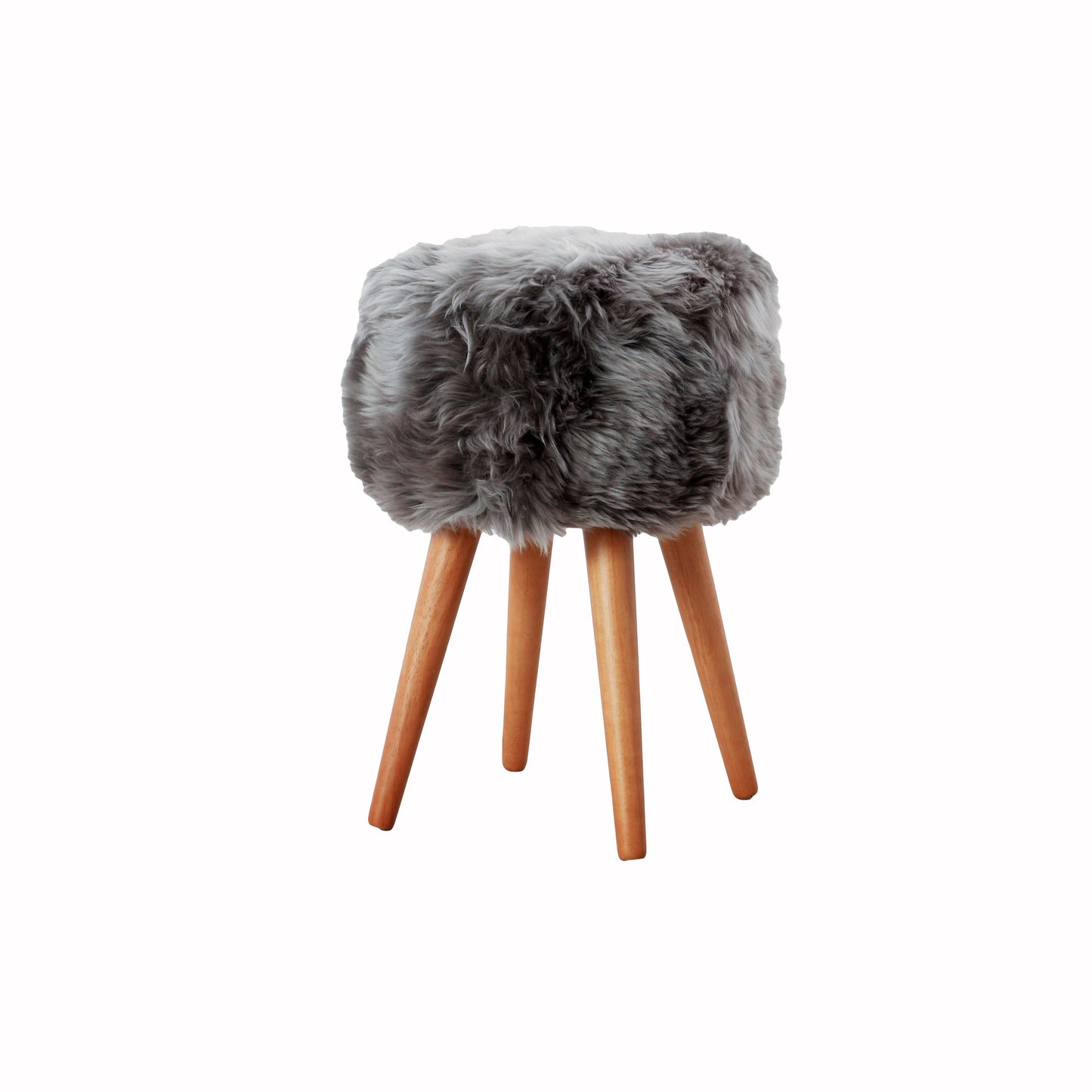 Grey Genuine Sheepskin Wood Leg Stool - Woodstain - CasaFenix