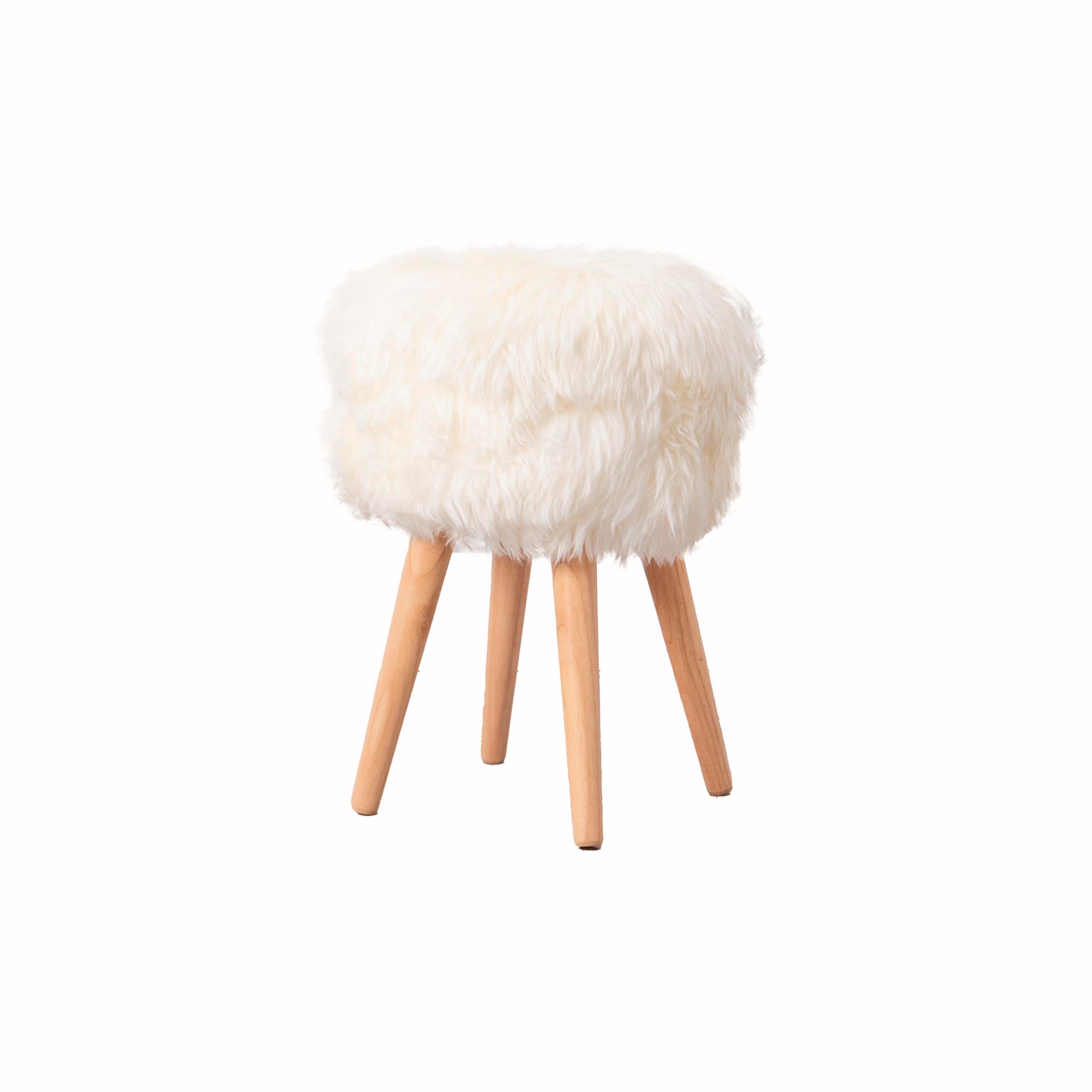 Natural White Genuine Sheepskin Wood Stool - Light Wood Legs - CasaFenix