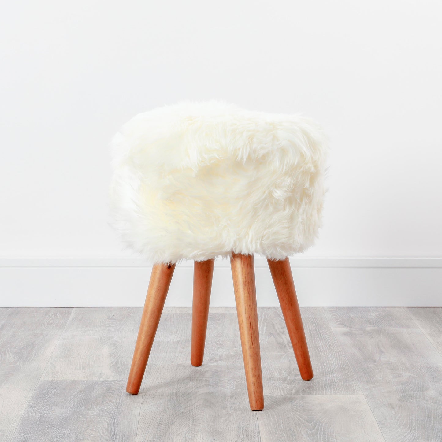 Natural White Genuine Sheepskin Wood Leg Stool - Woodstain - CasaFenix