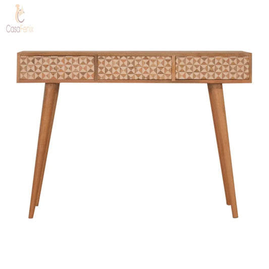 Sarina Console 3 Drawer Table 100% solid mango wood in an oak-ish finish - CasaFenix