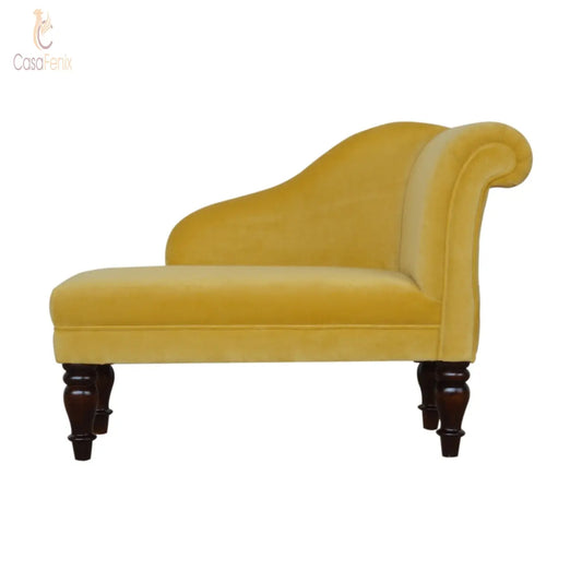 Mustard Velvet Chaise Chair / Seat 100% solid wood in a walnut finish - CasaFenix