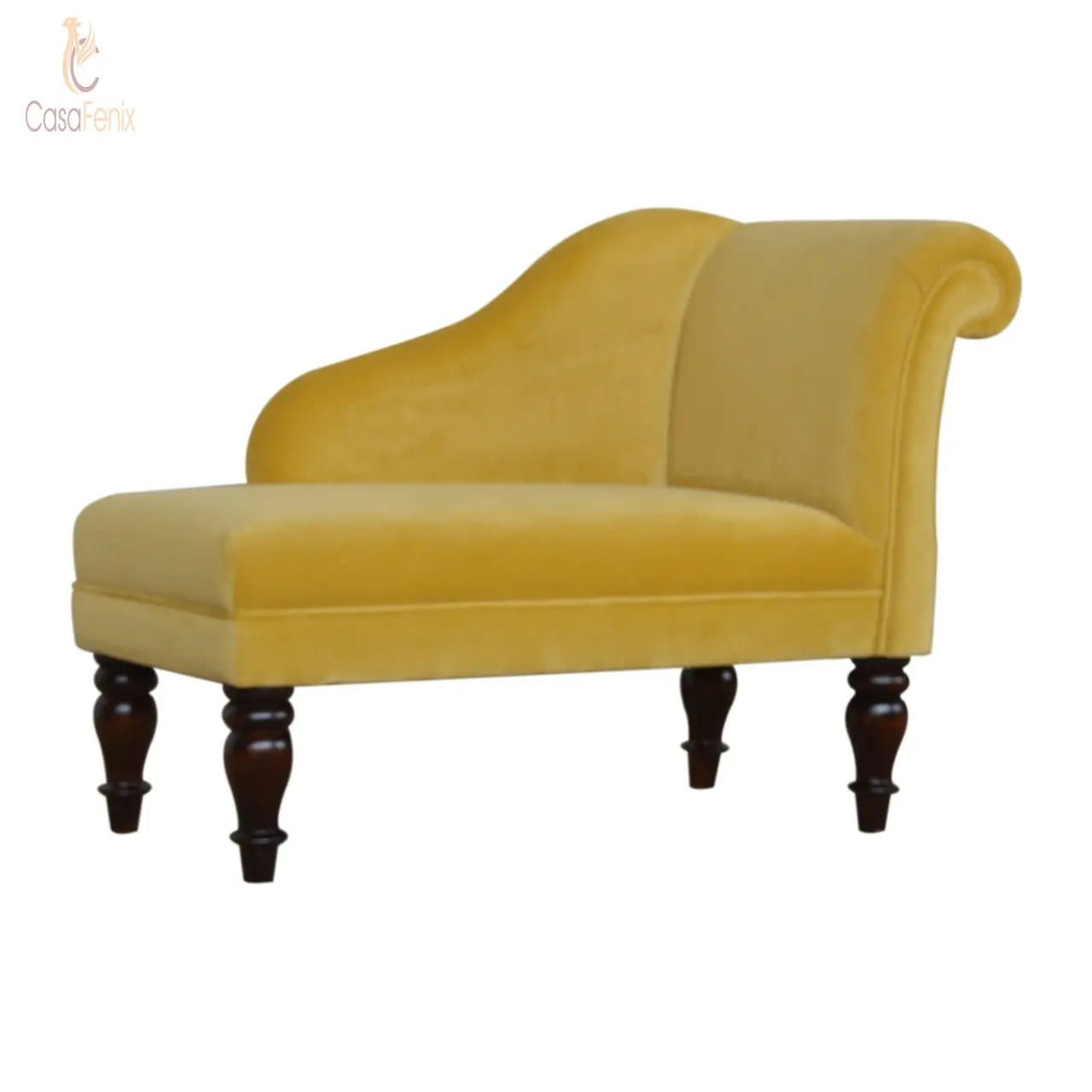 Mustard Velvet Chaise Chair / Seat 100% solid wood in a walnut finish - CasaFenix