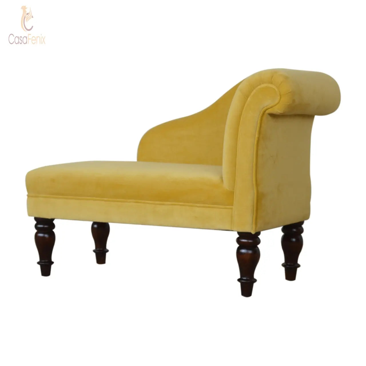 Mustard Velvet Chaise Chair / Seat 100% solid wood in a walnut finish - CasaFenix