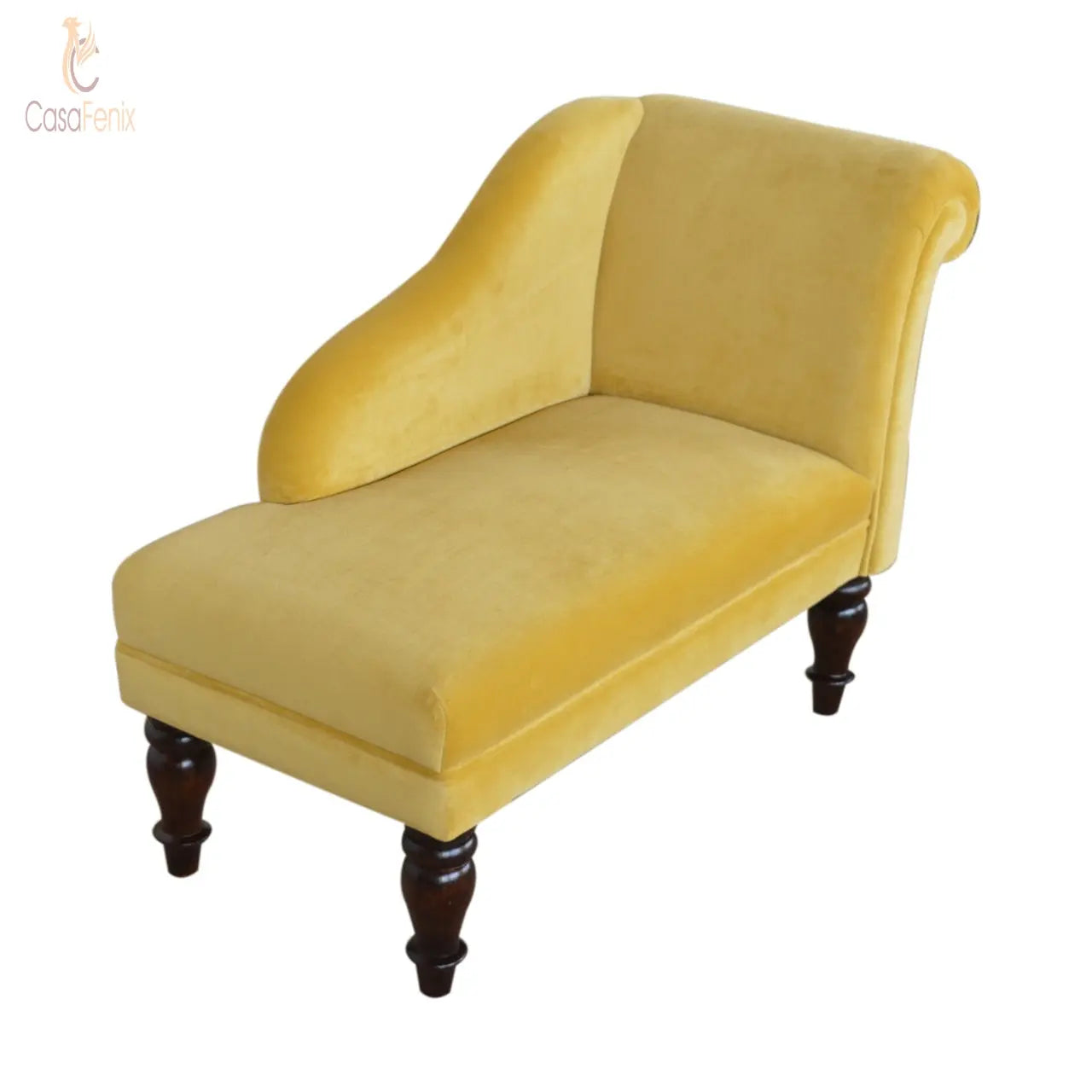 Mustard Velvet Chaise Chair / Seat 100% solid wood in a walnut finish - CasaFenix