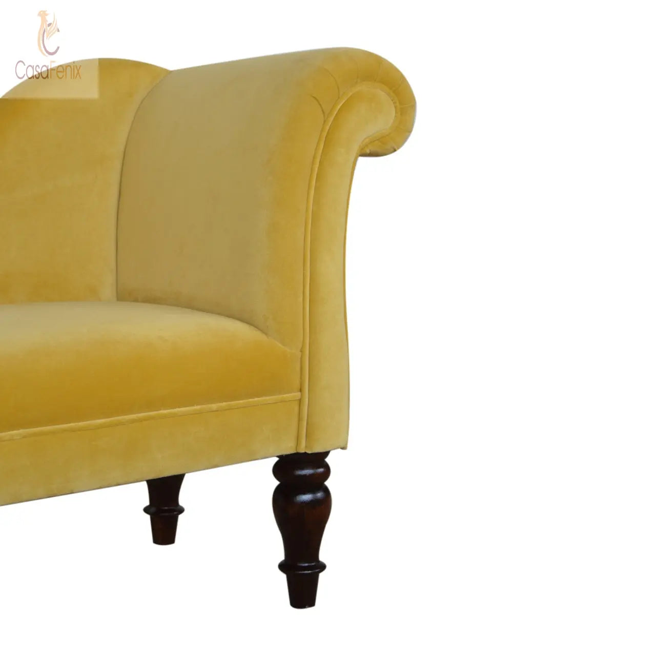 Mustard Velvet Chaise Chair / Seat 100% solid wood in a walnut finish - CasaFenix