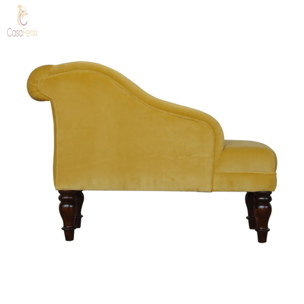 Mustard Velvet Chaise Chair / Seat 100% solid wood in a walnut finish - CasaFenix