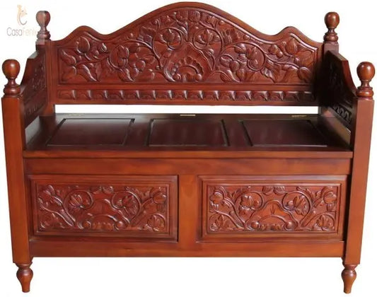 Carved Solid Mahogany Bench / Settle With Lift Up Seat - CasaFenix