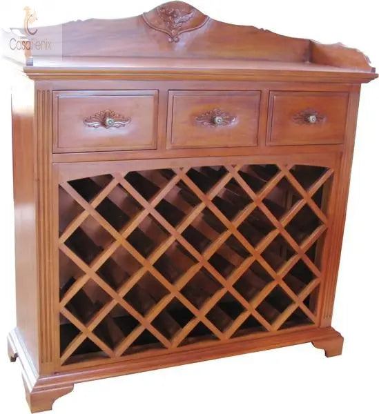 Wine Rack Cabinet / Sideboard With 3  Drawers Solid Mahogany - CasaFenix