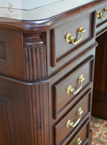 Solid Mahogany Antique Reproduction Small Twin Pedestal Desk Leather Top CasaFenix