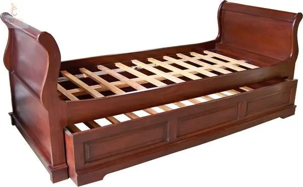 Solid Mahogany French Sleigh Day Bed - Trundle (Two Bed's) - CasaFenix