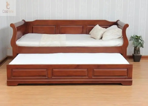 Solid Mahogany French Sleigh Day Bed With Back Panel - Trundle (Two Bed's) - CasaFenix