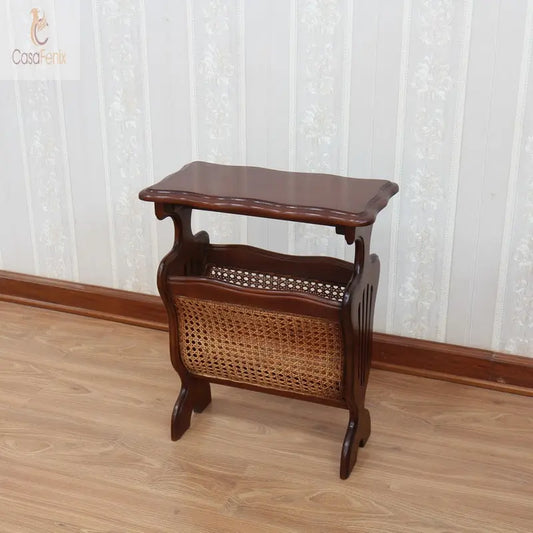 Solid Mahogany & Rattan Magazine Rack Table - CasaFenix