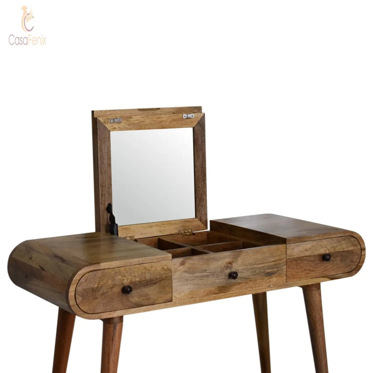 Solid Mango Wood Small Dressing Table with Foldable Mirror Nordic Style - CasaFenix