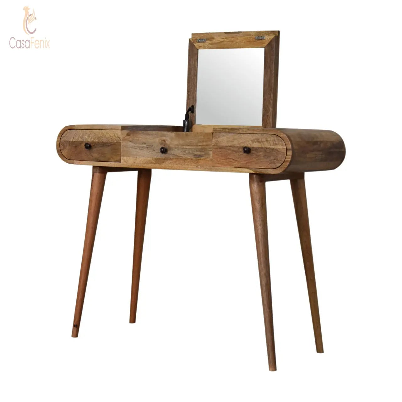 Solid Mango Wood Small Dressing Table with Foldable Mirror Nordic Style - CasaFenix