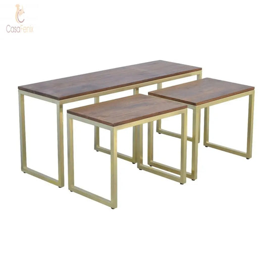 Solid Wood & Iron Gold Base Table Set of 3 - CasaFenix