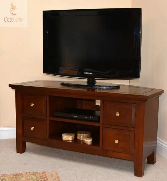 Yorke Contemporary Collection Wide Corner TV Unit / Stand Solid Mahogany - CasaFenix