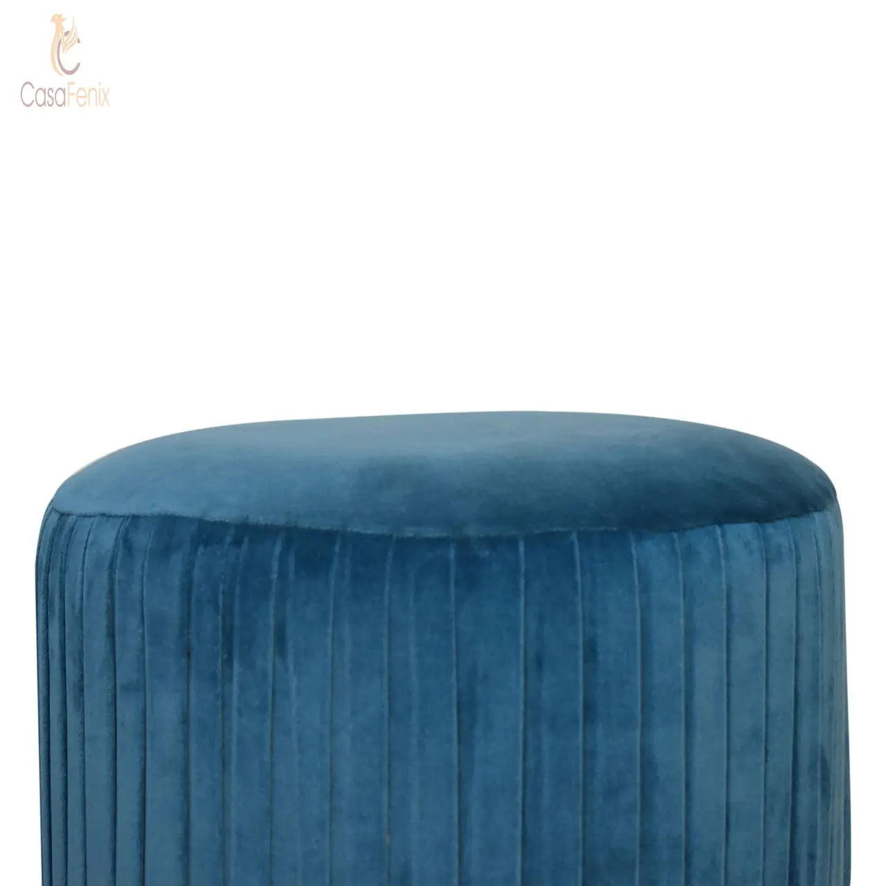 Teal Cotton Velvet Pleated Footstool with Gold Base - CasaFenix