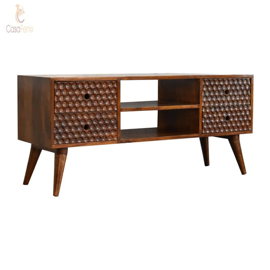 Torun Media TV Unit Stand 4 Drawer Solid Mango Wood With Chestnut FInish - CasaFenix