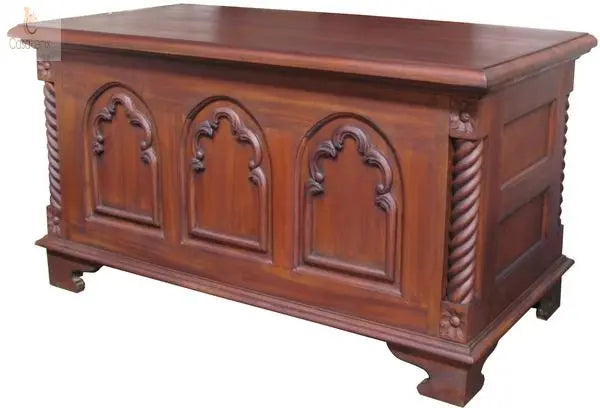 Solid Mahogany Gothic Carved Blanket Box / Trunk Lift Up Seat - CasaFenix