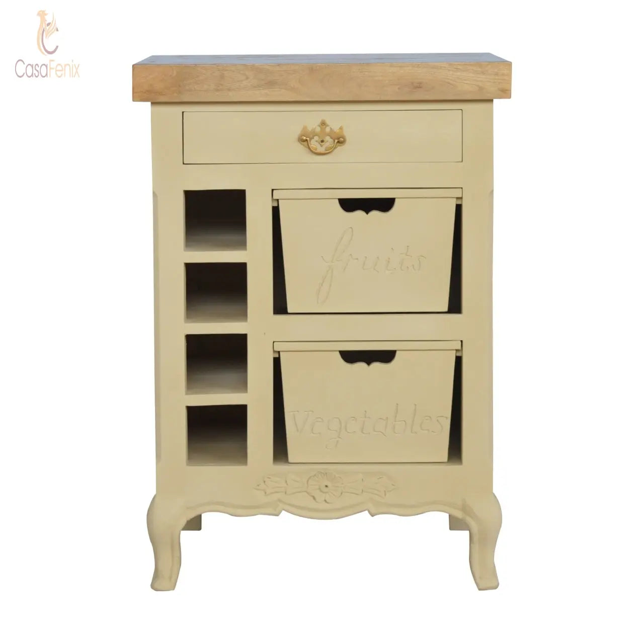 French Style Cream Kitchen Island Cabinet Wine / Veg Store 100% solid mango wood - CasaFenix