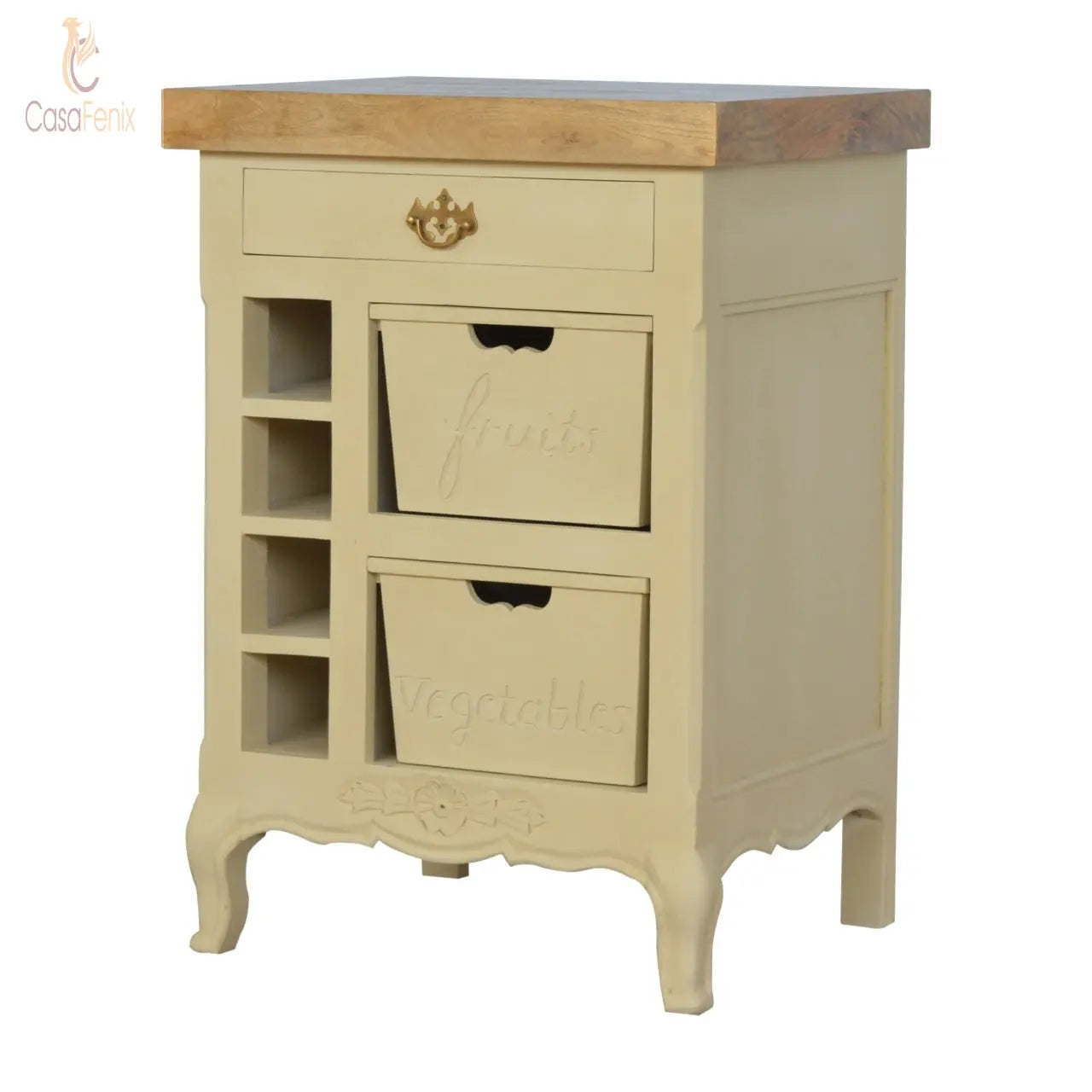 French Style Cream Kitchen Island Cabinet Wine / Veg Store 100% solid mango wood - CasaFenix