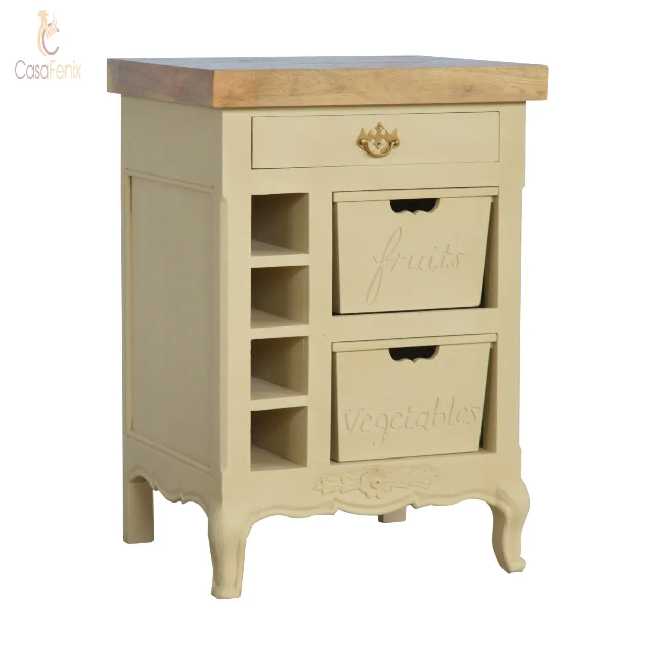 French Style Cream Kitchen Island Cabinet Wine / Veg Store 100% solid mango wood - CasaFenix