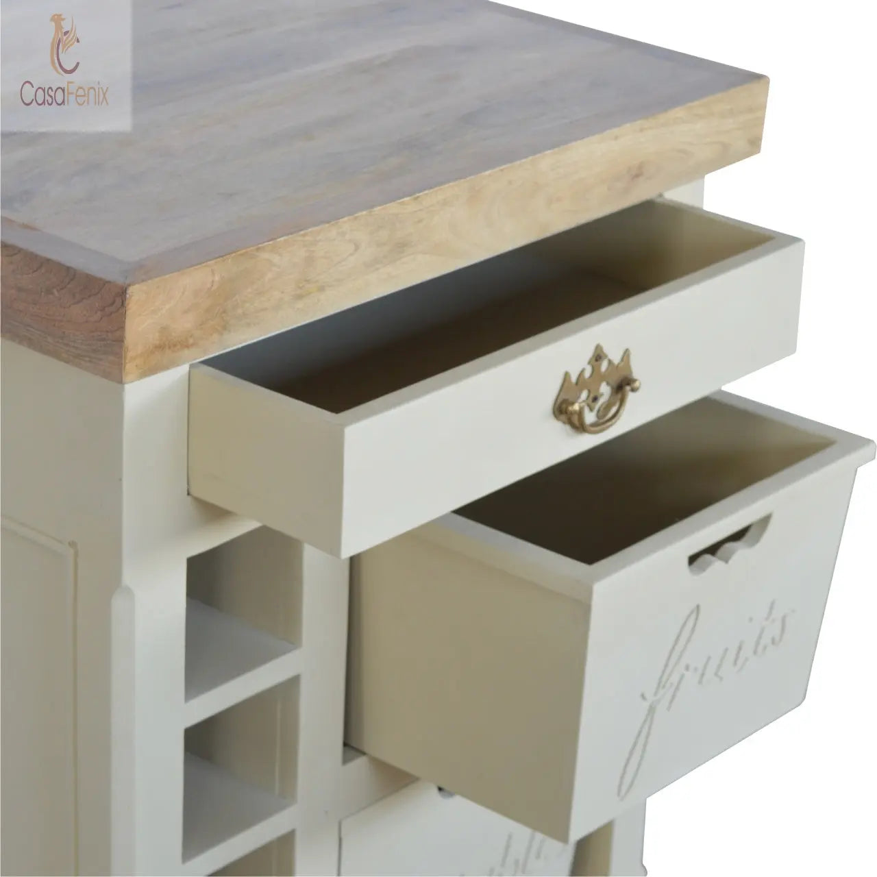 French Style Cream Kitchen Island Cabinet Wine / Veg Store 100% solid mango wood - CasaFenix