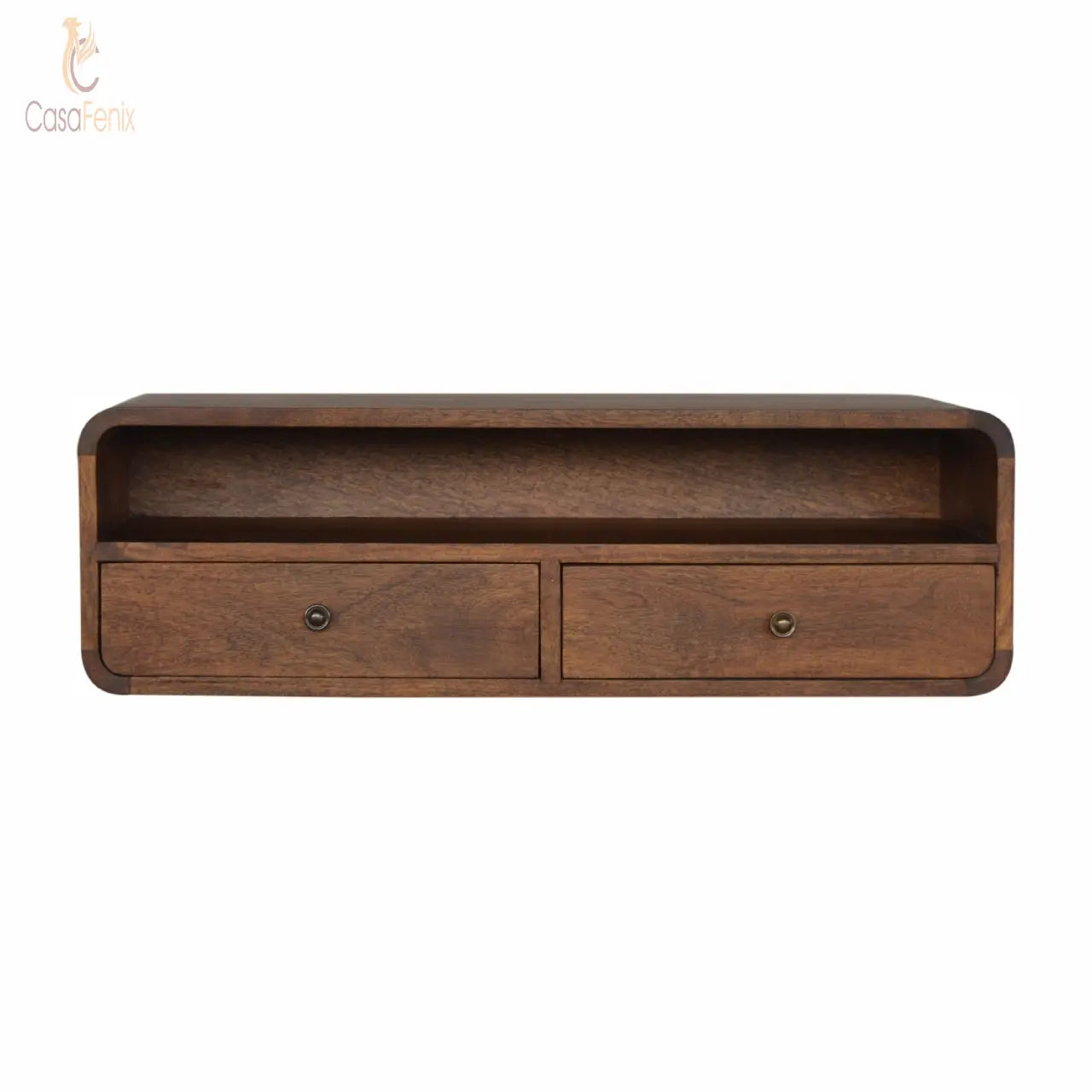 Wall Mounted Curved 2 Drawer Console Table 100% solid mango wood it has a chestnut finish - CasaFenix