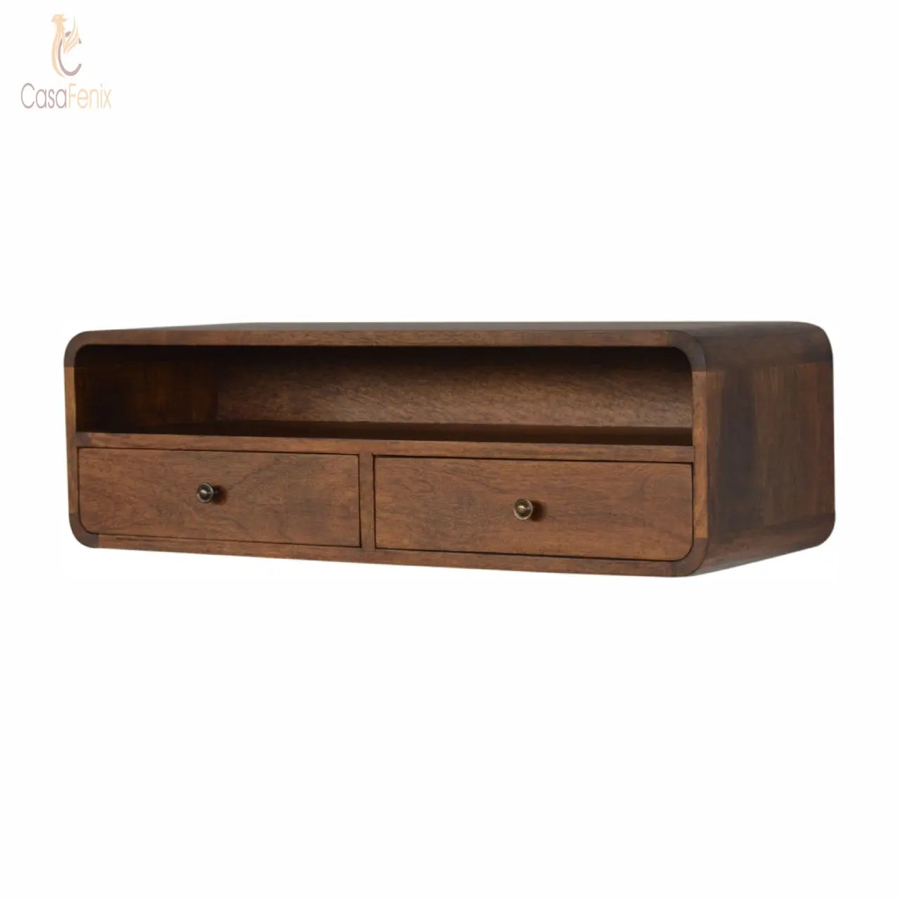 Wall Mounted Curved 2 Drawer Console Table 100% solid mango wood it has a chestnut finish - CasaFenix