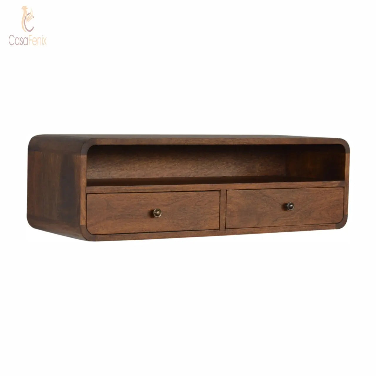 Wall Mounted Curved 2 Drawer Console Table 100% solid mango wood it has a chestnut finish - CasaFenix