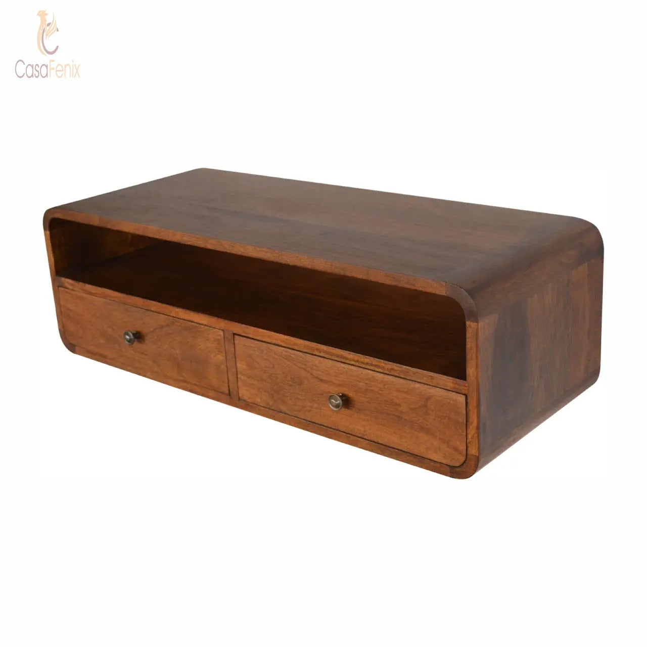 Wall Mounted Curved 2 Drawer Console Table 100% solid mango wood it has a chestnut finish - CasaFenix