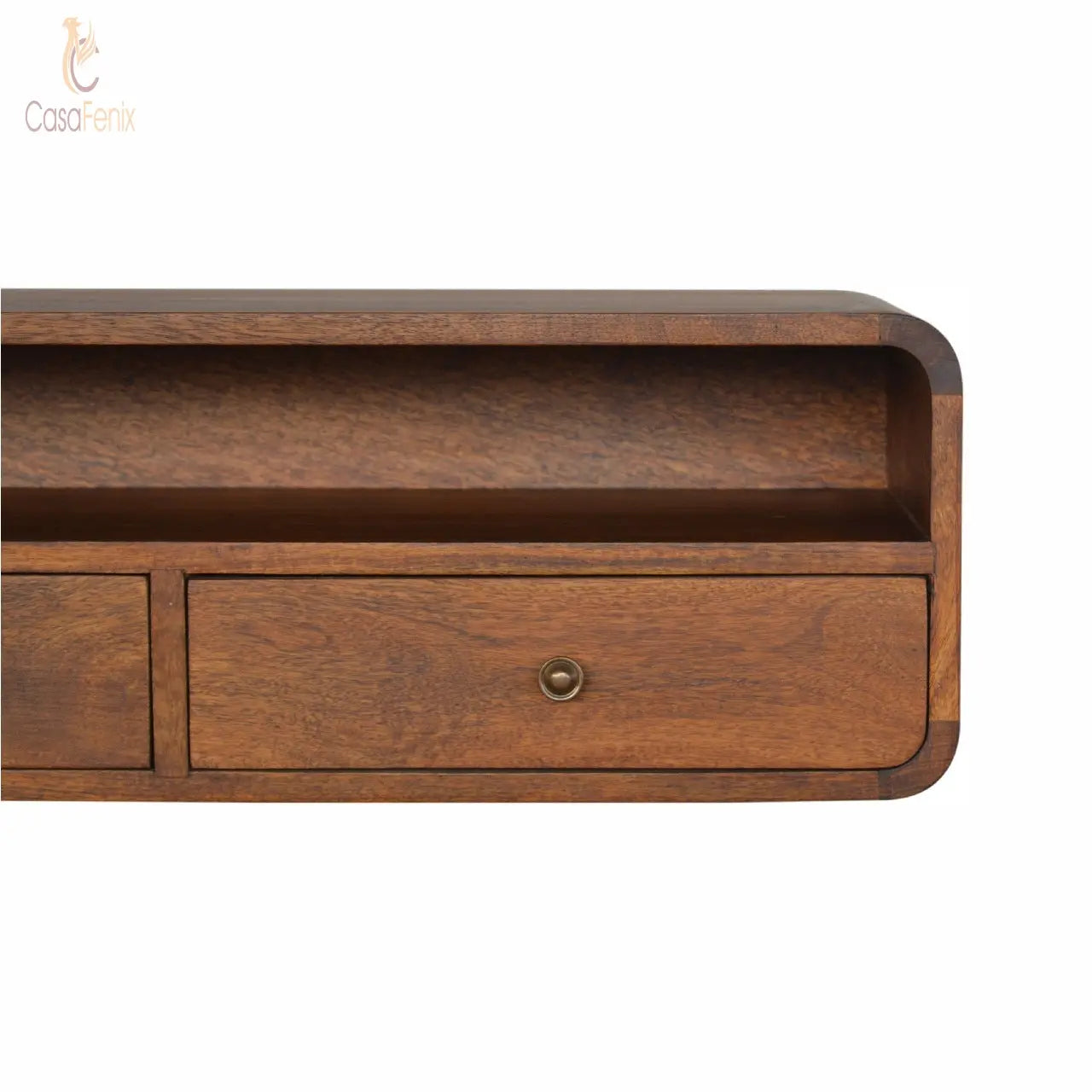 Wall Mounted Curved 2 Drawer Console Table 100% solid mango wood it has a chestnut finish - CasaFenix