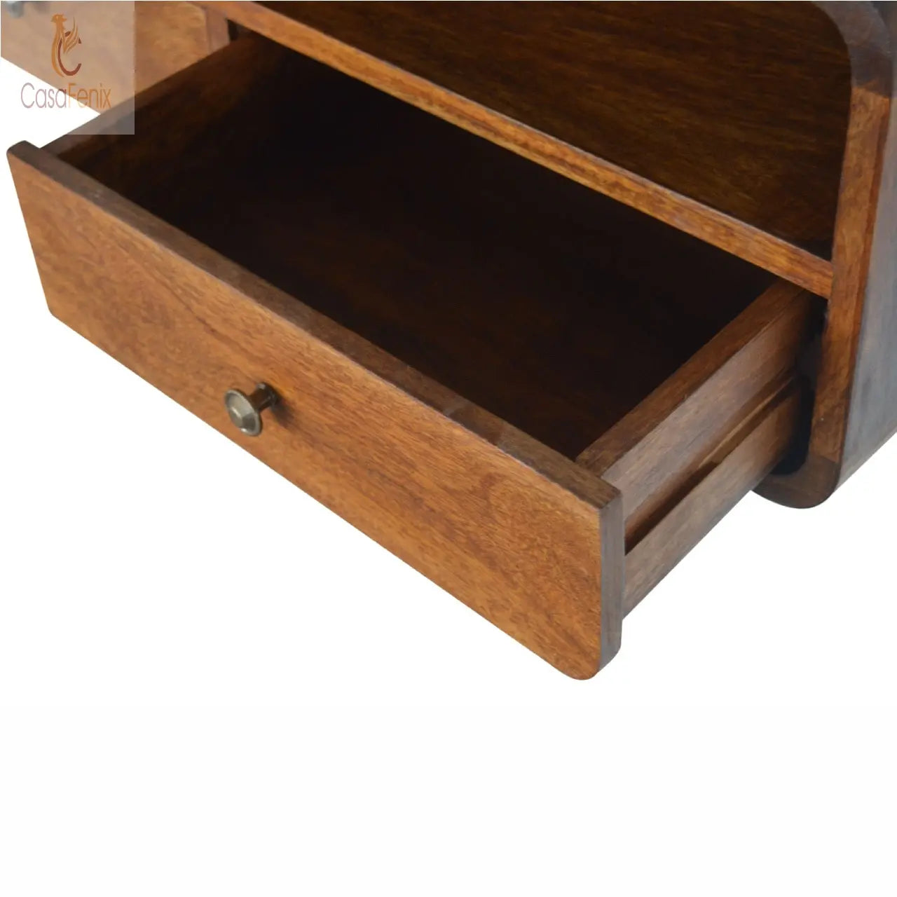 Wall Mounted Curved 2 Drawer Console Table 100% solid mango wood it has a chestnut finish - CasaFenix